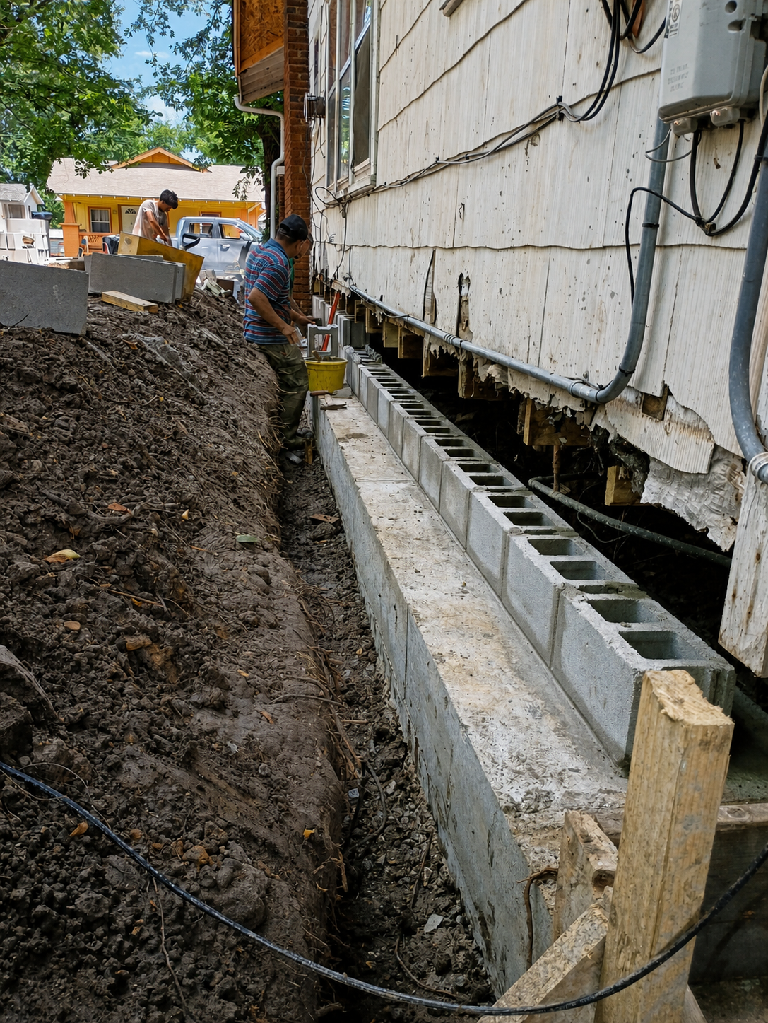 Foundation support work being completed beside a home